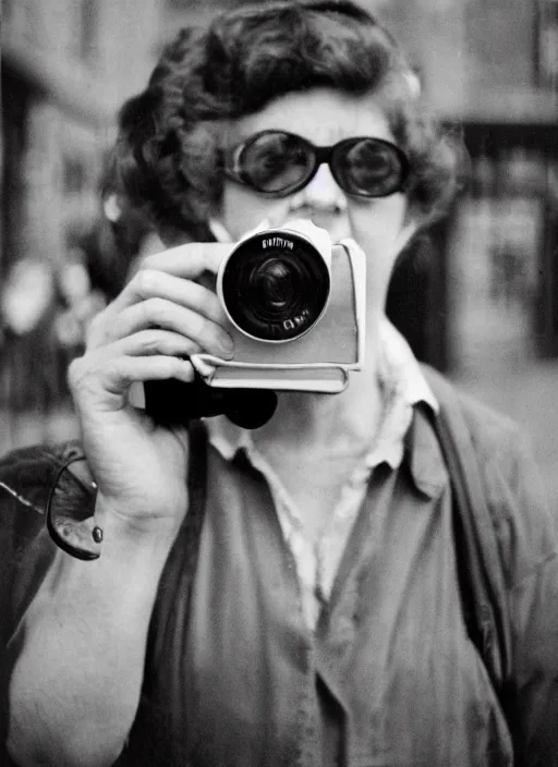 Image similar to street photography selfie with a camera by vivian maier. professional photography.