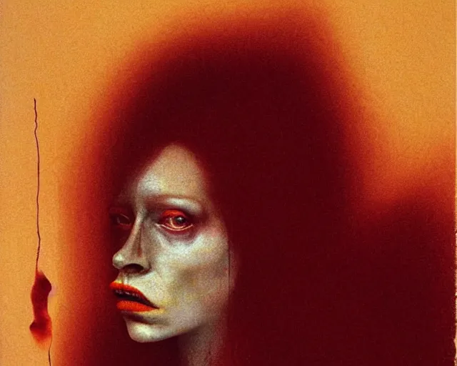 Image similar to by francis bacon, beksinski, mystical redscale photography evocative lips. kat dennings uma thurman christina hendricks tilda swinton