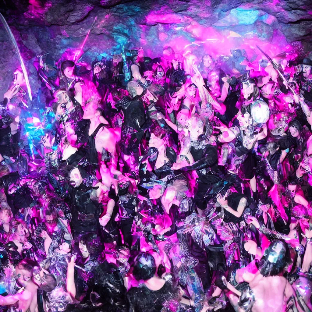 Image similar to goth disco in a cave with holographic knives!!! with pink lasers and blue crystals, brutal weapons!!! swords!!! goth people dancing, dark evil ritual, 8 k photograph