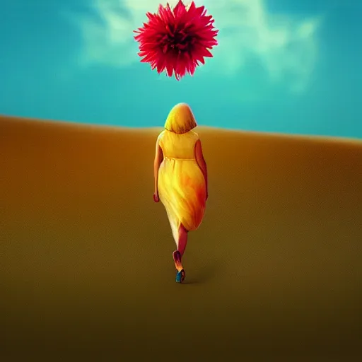 Prompt: closeup big dahlia flower under head, a girl walking between dunes, surreal photography, sunrise, blue sky, dramatic light, impressionist painting, digital painting, artstation, simon stalenhag