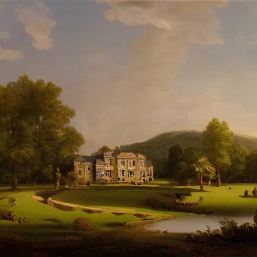 Image similar to a large serene beautiful matte painting of a quaint english country mansion, by asher brown durand and george ault, featured on artstation