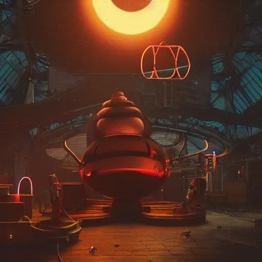 Image similar to photorender of mechanics working on big mickey mouse head, low light, glowing red light behind, highly detailed 4 k intricate art, unreal engine, concept art, digital art, beeple, cgsociety, octane render, realistic, sharp focus, smooth, greg rutkowski, alphonse mucha