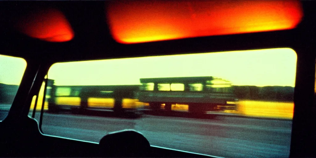 Image similar to greyhound bus interior, sunset, eerie vibe, leica, 2 4 mm lens, cinematic screenshot from the 2 0 0 1 film directed by charlie kaufman, kodak color film stock, f / 2 2, 2 4 mm wide angle anamorphic