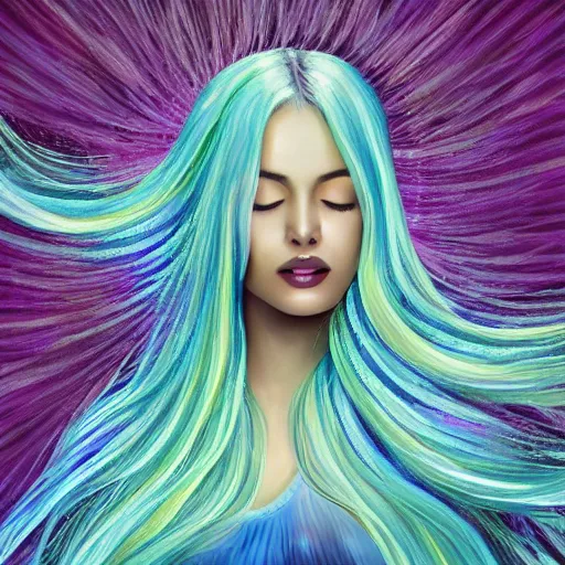 Image similar to painting of a beautiful woman with iridescent translucent hair, her eyes are closed, hair is floating, digital art, ethereal