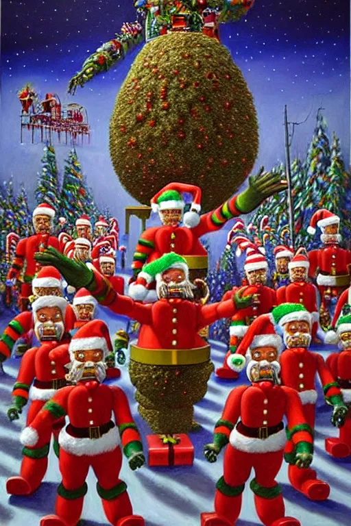 Image similar to a hyperrealistic painting of a 3 d christmas nightmare with giant mechanical nutcracker monster march of the wooden soldiers, cinematic horror by chris cunningham, lisa frank, richard corben, highly detailed, vivid color,