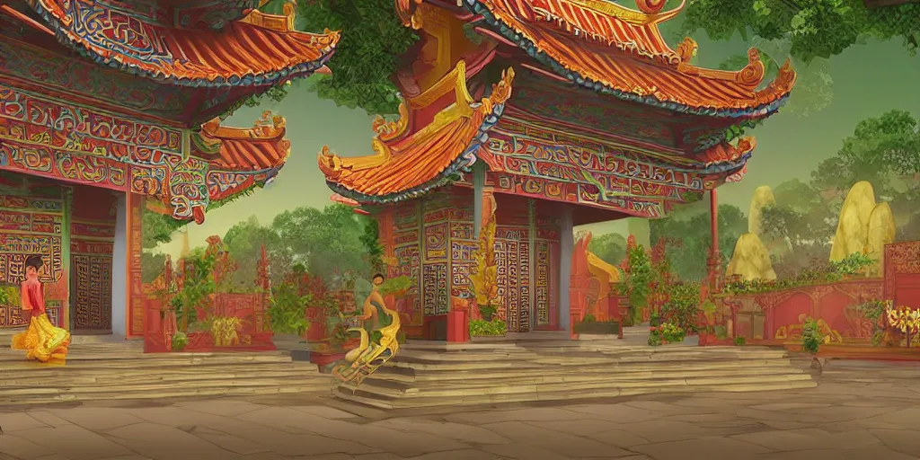 Image similar to vietnamese temple scene, 2 d game art background, level design, muted colors, in style of lam manh