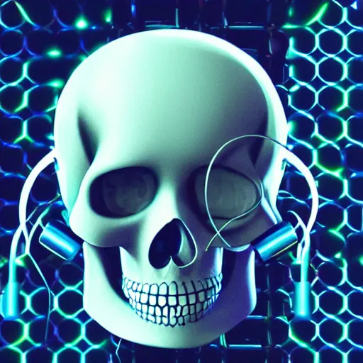 Image similar to skeleton with headphones playing synthesizers, honeycomb skull, lights, lasers, music, highly detailed, realistic, technology and magic,