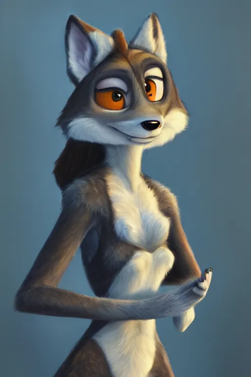 Image similar to oil painting of anthromorphic female wolf, in style of zootopia, female fursona, furry, furaffinity, 4 k, deviantart, furry art, fursona art, wearing black business suit, business suit, wolf fursona, female, smug expression,