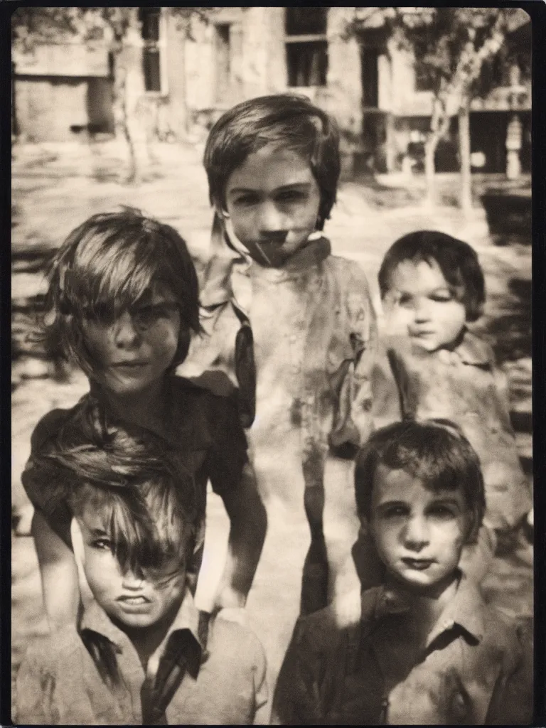 Image similar to two kids, portrait, strong backlight, town square, 1 9 8 0, polaroid