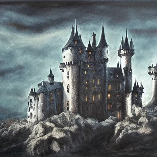 Image similar to a haunting castle in the style of zdzlaw bekinski (oil on canvas), matte painting.