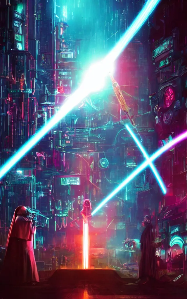 Image similar to Pope shooting bright lasers in front of robotic nuns, 80s, science fiction, cyberpunk, neon, low angle shot, cross, pope, movie poster, futuristic