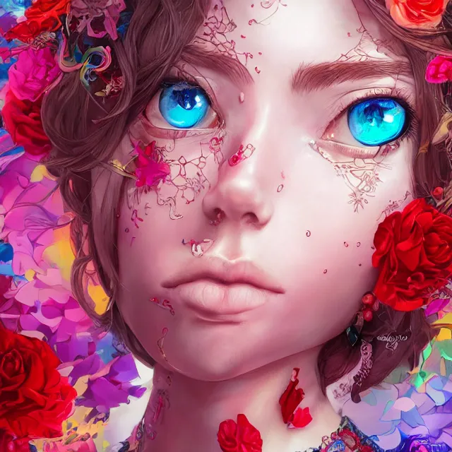 Image similar to studio portrait absurdly beautiful, elegant, lovely, young hypercolorful sensual anime teen rubies red petals gems, ultrafine hyperrealistic detailed face illustration by kim jung gi, irakli nadar, intricate linework, sharp focus, bright colors, matte, octopath traveler, final fantasy, unreal engine highly rendered, global illumination, radiant light, intricate rainbow environment