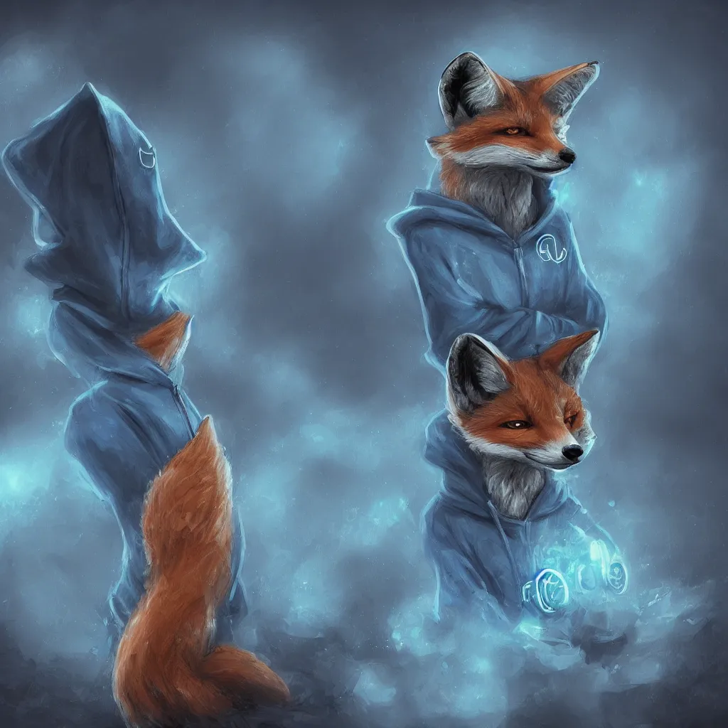 Image similar to an anthropomorphic fox in a blue hoodie typing on a keyboard, dark tones, concept art, digital art, highly detailed
