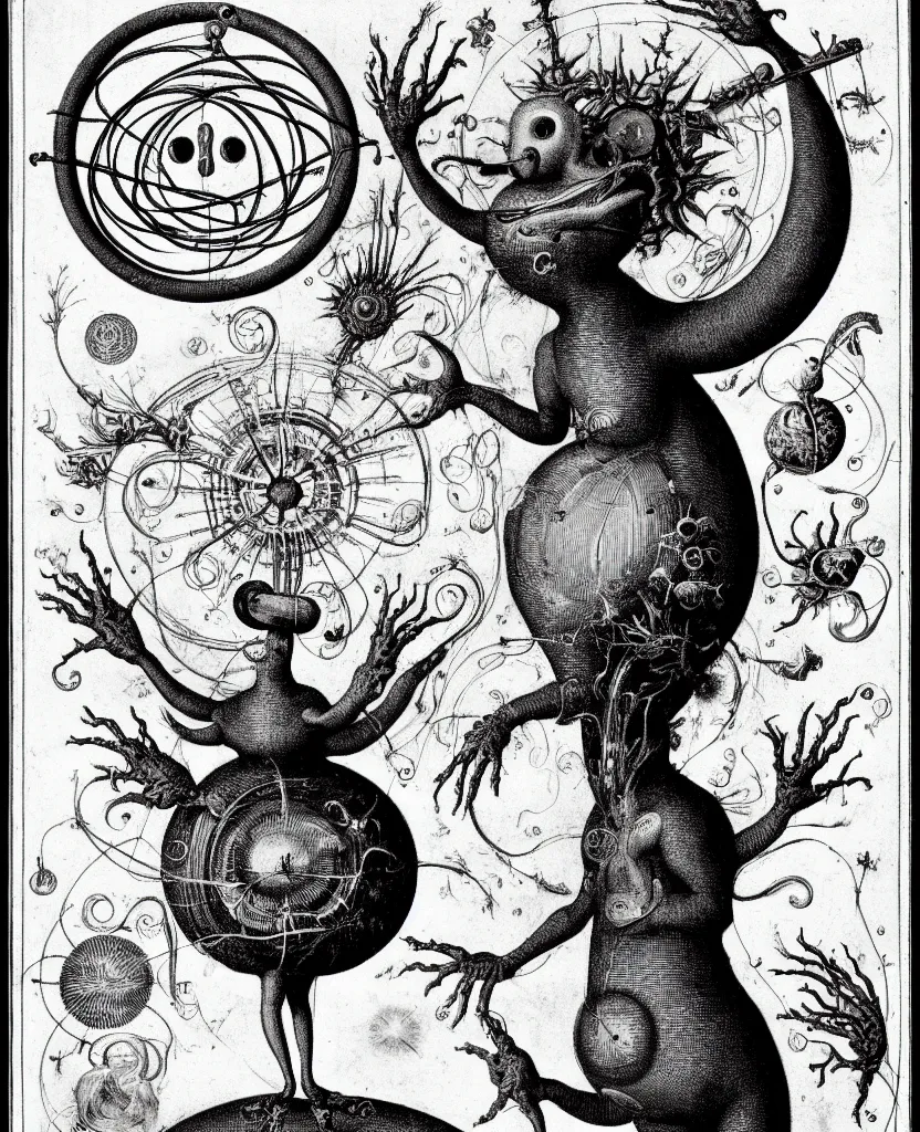 Image similar to whimsical freaky creature sings a unique canto about'as above so below'being ignited by the spirit of haeckel and robert fludd, breakthrough is iminent, glory be to the magic within