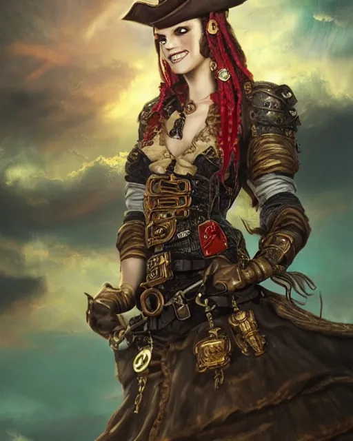 Prompt: a beautiful 2D illustration of a young female steampunk pirate wearing leather armor on gold and red trimmings on green, very cool pose, pirate ship with an epic sky background, slightly smiling, by Charlie Bowater Annie Leibovitz, zhuoxin ye, cinematic lighting and composition, fantasy painting, very detailed, ornate, trending on artstation and pinterest, deviantart, google images