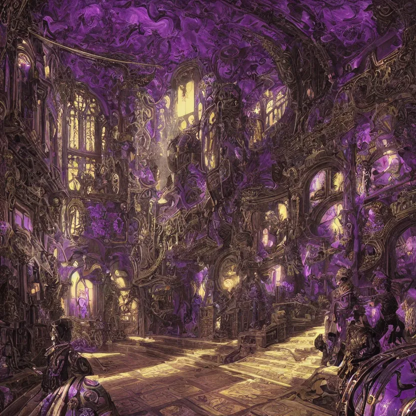 Prompt: baroque neoclassicist renaissance halls decorated with purple and black obsidian sci - fi colorful chrome textures. reflective detailed textures. gloomy black background. highly detailed fantasy science fiction painting by james mccarthy, moebius, norman rockwell, frank frazetta, and syd mead. rich colors, high contrast. artstation