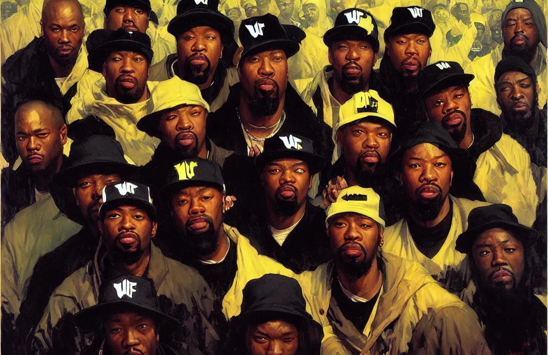 Image similar to portrait of wu - tang clan!!!!!!!!!!!!!!!!!!!!!!!!!!!, detailed face, detailed painting,, epic lighting, by ilya repin, phil hale and kent williams