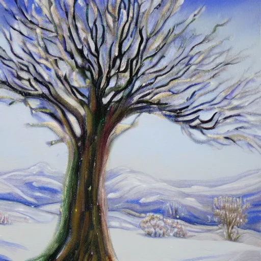 Prompt: fine art painting of a tree and snow