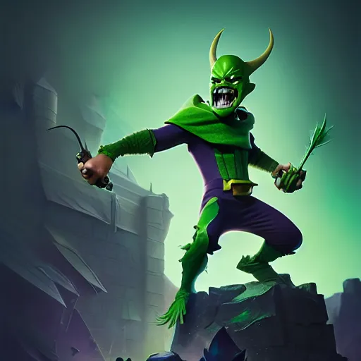 Image similar to clash royale green goblin, by tom bagshaw and ilya kuvshinov, rtx rendering, octane render 1 2 8 k, maya, extreme high intricate details by wlop, digital anime art by ross tran, medium shot, composition by sana takeda, dramatic lighting by greg rutkowski