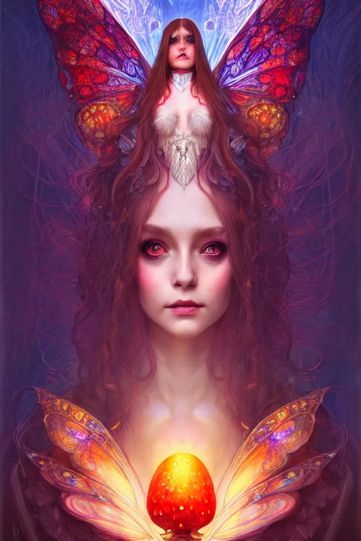 Image similar to stunningly beautiful female faerie priestess in amanita muscaria forest landscape, symmetrical wings on back, symmetrical detailed face, neon hair, fantasy art, dark light night, sharp focus, digital painting, 4 k, concept art, art by wlop, artgerm, greg rutkowski and alphonse mucha