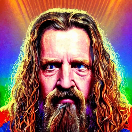 Image similar to a colorful closeup portrait of the dude from the big lebowski. he holds all the wisdom of the world in his eyes. dreamy vibes floating head and dreaming psychedelic hair. halo behind his head. trending on artstation. by peter mohrbacher and moebius and alex ross. intricate detail. hyperrealistic. photorealism. 8 k. flat design