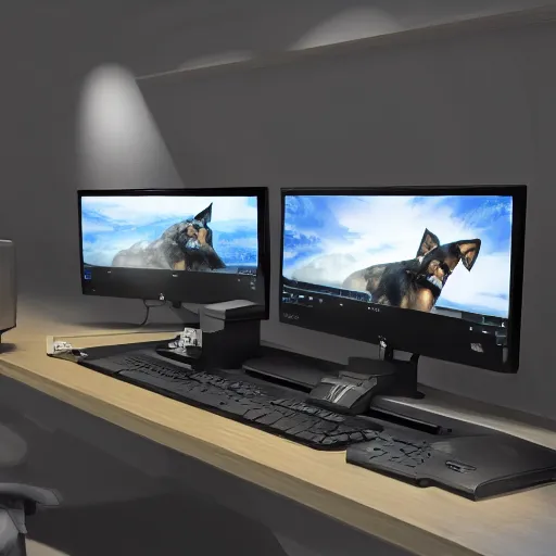 Image similar to computer setup with ultrawide screens while a german shepherd sleeps by side concept art