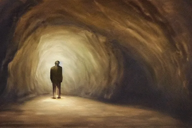 Image similar to A beautiful painting of a lone man with weak flashlight in huge dark underground cave