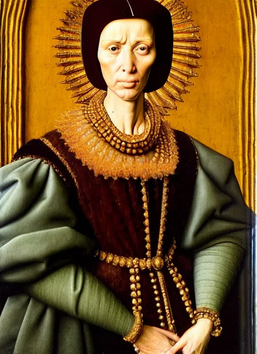 Prompt: portrait of kim kardashian, oil painting by jan van eyck, northern renaissance art, oil on canvas, wet - on - wet technique, realistic, expressive emotions, intricate textures, illusionistic detail