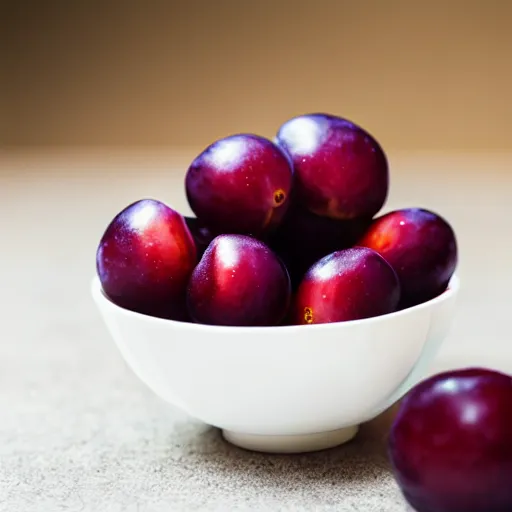 Image similar to a bowl filled with freshly picked plums. volumetric lighting. 4 k