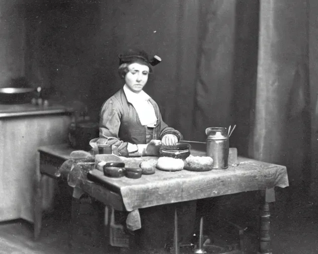 Image similar to an early 1800s photo of someone sitting at a computer making a donut in blender