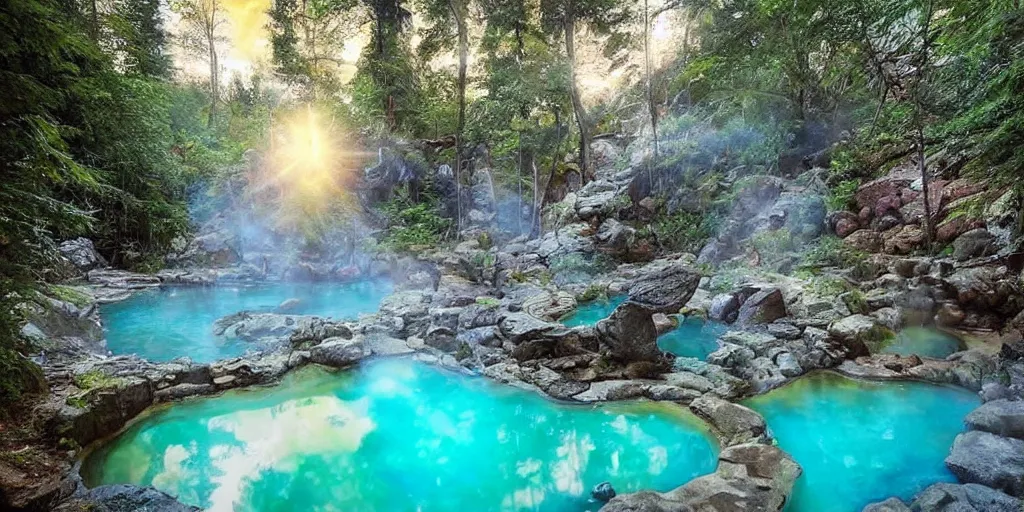 Prompt: cozy mountain hot springs hidden in a cave, lush trees and flowers, sunset, nephilim, rippling pools of water, ethereal, fantasy, James Jean, oozium, peter morbacher, ((((((((((people)))))))))), alchemy, luxury, heavenly light, Soft illumination, Trending on artstation, Cinematic Lighting, digital painting, concept art, artgerm