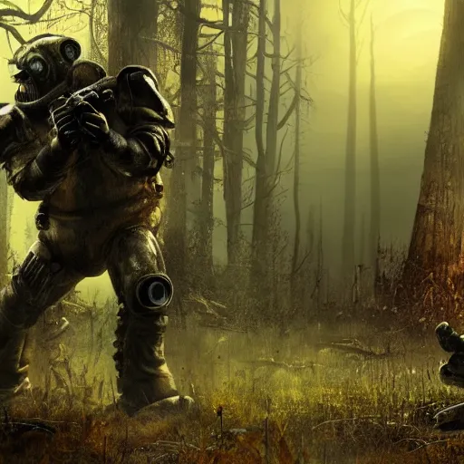 Prompt: Zombie bear vs a man in power armor with a minigun in his hands against the background of a radioactive forest, graphics, fallout 4 render, 3d computer render, maximum details, rain, night, spotlight,