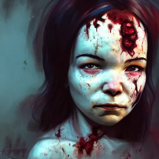 Image similar to head portrait of fresh faced young bjork as a zombie, 7 days to die zombie, gritty background, fine art, award winning, intricate, elegant, sharp focus, cinematic lighting, digital painting, 8 k concept art, art by michael hussar, art by brom, art by guweiz and z. w. gu, 8 k