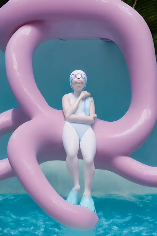 Prompt: full head and shoulders, beautiful porcelain female person, smooth, delicate facial features, big detailed eyes, white lashes, wearing a pale blue swimming cap and pale pink swimming costume, 3 d white large octopus tentacles, standing in a pastel soviet swimming pool, by daniel arsham and james jean