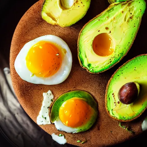 Prompt: close up high resolution photo of a mix between a fried egg and an avocado, very tasty, realistic, food photography, instagram, trending