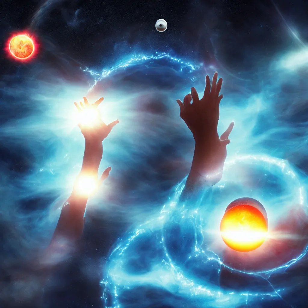 Image similar to giant celestial god levitating a solar system between it's hands, space, black hole, planet, clouds, nebula, creature, monster, alien tentacles, apocaplypse, destruction, demon, magician, archmage, wizard, tower, castle, colorful, high constrast, lens flare, oil painting, detailed, 4 k, 8 k, peter mohrbacher