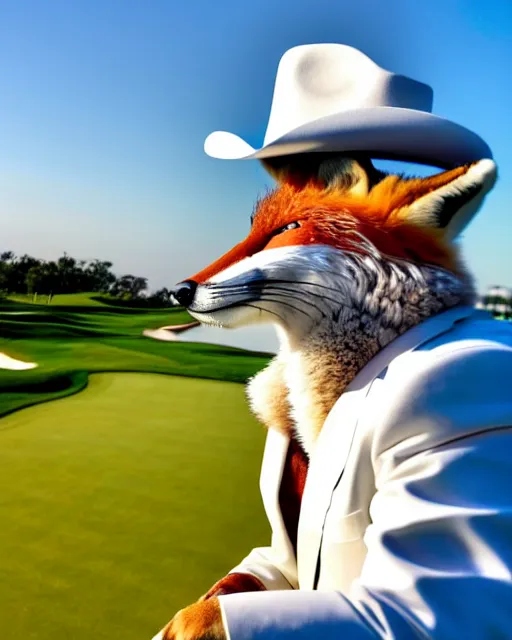 Prompt: close up photo of a fox animal wearing a white suit, white cowboy hat, and reflective sunglasses, fox animal smoking a cuban cigar, highly detailed photograph, smooth, global illumination, golf course in background, reflective aviator sunglasses, 8 5 mm f / 1. 4