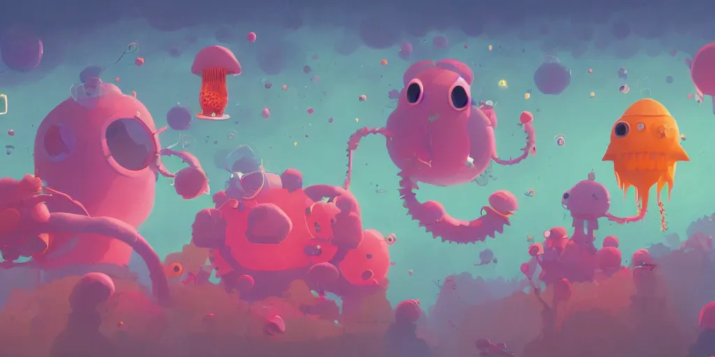 Prompt: cute cartoon monsters and jellyfish in a nebula by Goro Fujita and Simon Stalenhag and Wes Anderson and Alex Andreev and Chiho Aoshima and Beeple and Banksy and Kandinsky and Magritte and Basquiat and Picasso, 8k, trending on artstation, hyper detailed, cinematic