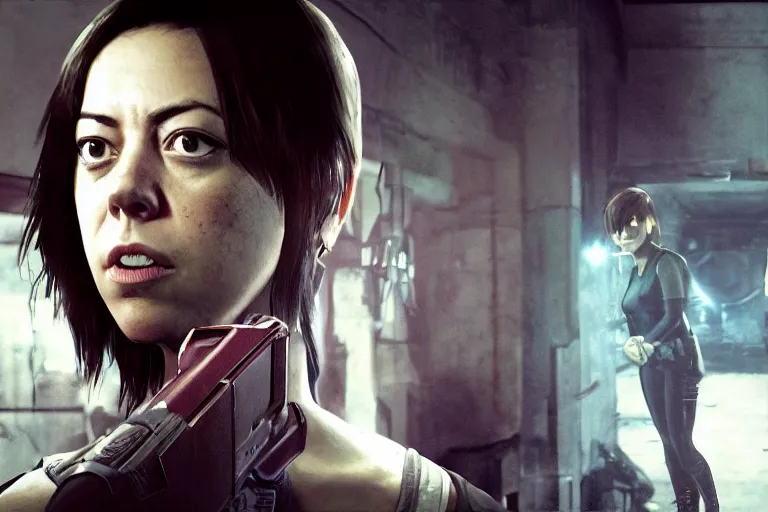 Image similar to a gaming screenshot portrait still of aubrey plaza in resident evil, moebius, greg rutkowski, gloomy night, zabrocki, karlkka, jayison devadas, phuoc quan, trending on artstation, 8 k, ultra wide angle, video game graphics, realistic unreal engine 3 d game, zenith view, cyberpunk pincushion lens effect