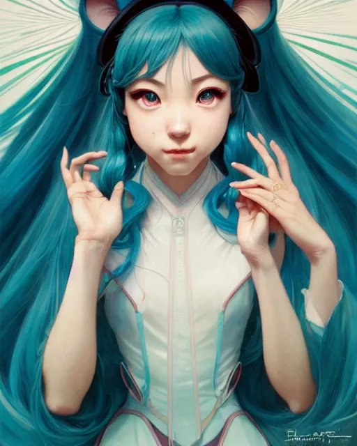 Image similar to portrait of disney hatsune miku, intricate, elegant, highly detailed, my rendition, digital painting, artstation, concept art, smooth, sharp focus, illustration, art by artgerm and greg rutkowski and alphonse mucha and uang guangjian and gil elvgren and sachin teng, symmetry!!