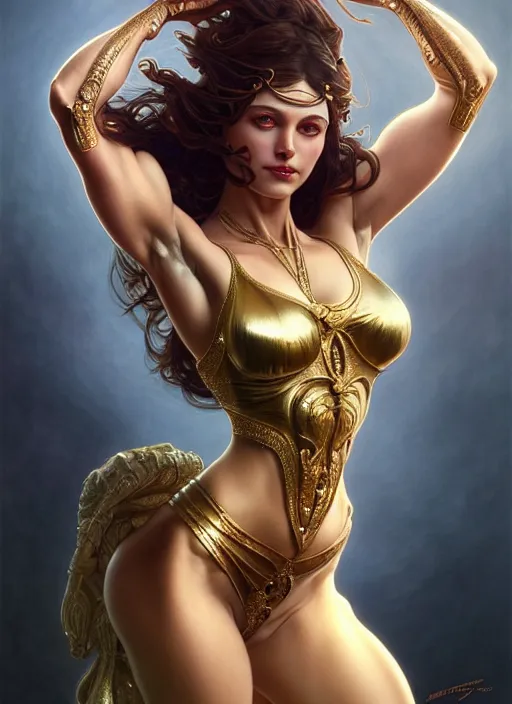 Prompt: muscular goddess dancer of the underworld, crooked nose, shiny, intricate, elegant, higly detailed, ultra definition, digital painting, artstation, vray, concept art, smooth, high speed photography, illustration, art by artgerm and greg rutkowski and alphonse mucha and james jean