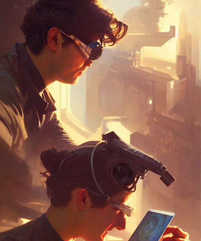 Image similar to Hacker man hacks computer, highly detailed, digital painting, artstation, concept art, smooth, sharp focus, illustration, art by artgerm and greg rutkowski and alphonse mucha