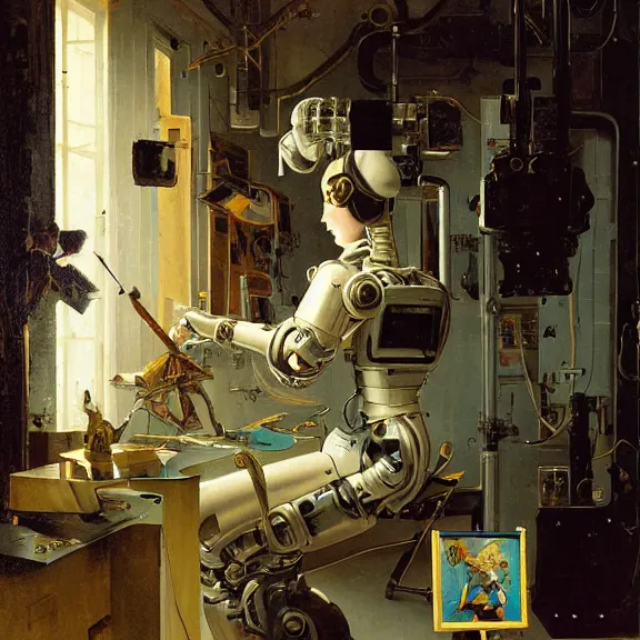 Prompt: robot artist painting a self - portrait on a canvas. intricate, highly detailed, photorealistic, film still, by carl spitzweg, hans thoma, alexandros pyromallis, gil elvgren, sachin teng.