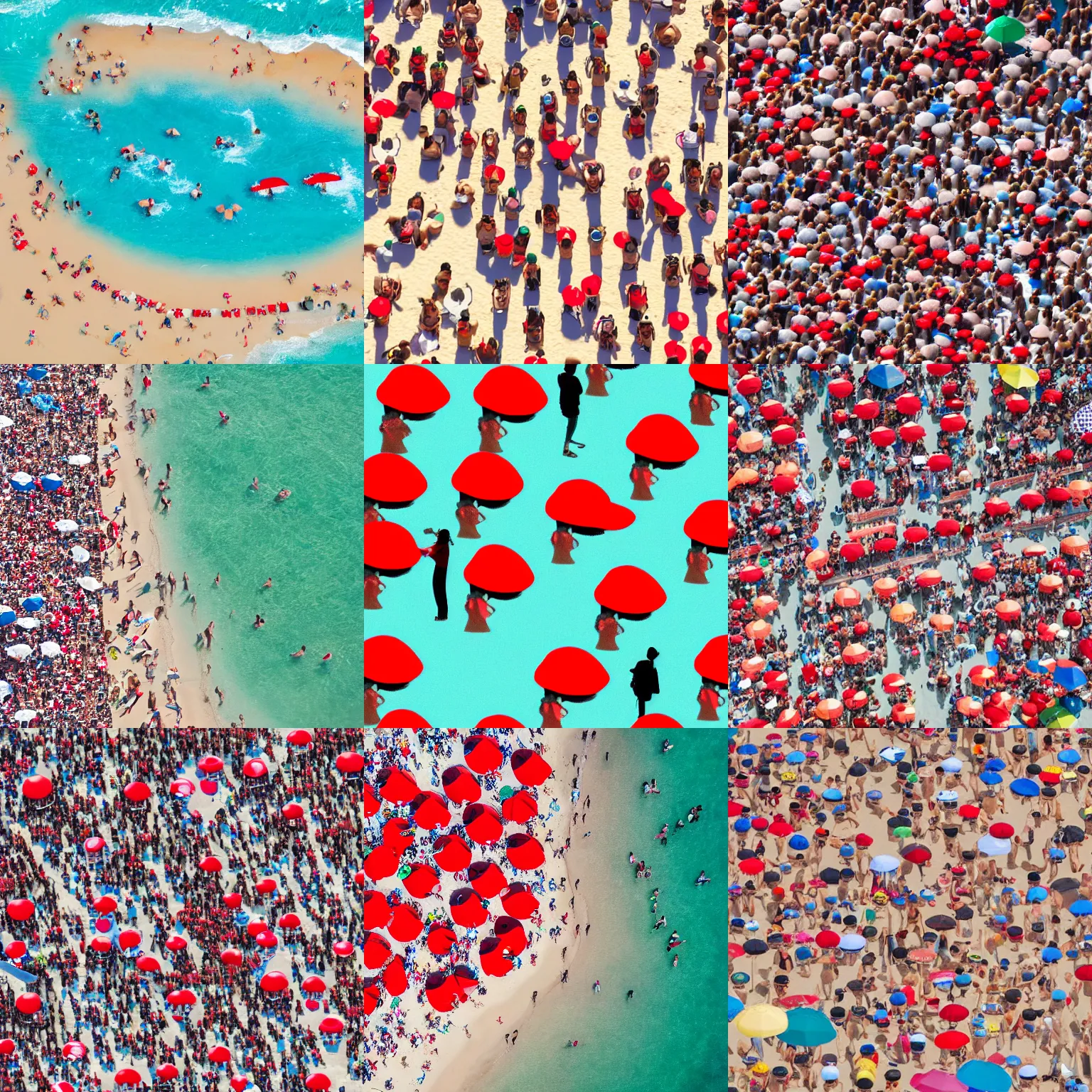 Prompt: male with red hat and glasses in a crowd at a beach, zoomed out aerial shot, highly detailed cartoon