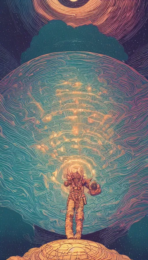 Prompt: the ancient oracle of the dreamings of storytellers floating on starlit cosmic cloudscape, futurism, dan mumford, victo ngai, kilian eng, da vinci, josan gonzalez