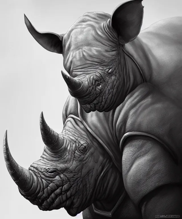 Prompt: A beautiful portrait of an anthropomorphic rhino wearing paladin armor, character design, by Moebius and Artgerm and blizzard studios and Tom Bagshaw, hyper realism, high detail, trending on artstation, unreal engine 5, Lumen, 8k, 38mm photography