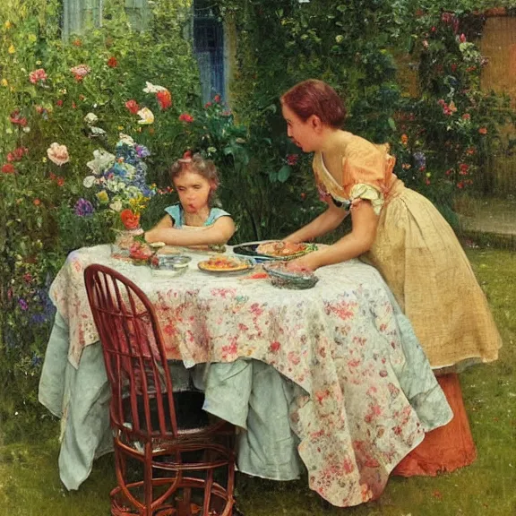 Prompt: a housewife and her daughter putting dishes on a table in the backyard, a tilted parasol sits above the table, a garden with colorful flowers in the background, rainy scene, cozy 1 9 5 0's, medium symmetry, by ilya repin, extreme detail, 8 k, intricate abstract, photorealistic