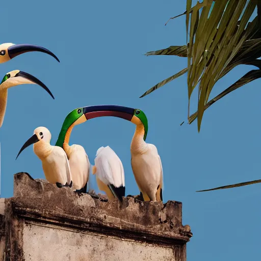 Image similar to spoonbills, toucans, and hornbills in old havana by cecilio aviles, wide angle realistic 3 d, hyperrealistic, super detailed, octane render, 8 k, depth of field, glossy surface, liquid texture, behance, cgsociety, cinematic lighting