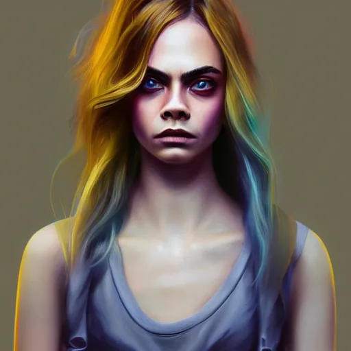 Image similar to cara delevingne, full body portrait colorful oil painting by mad dog jones, charlie bowater, yuumei, yanjun cheng, unreal 5, daz, hyperrealistic, octane render, rpg portrait, dynamic lighting, fantasy art, beautiful face