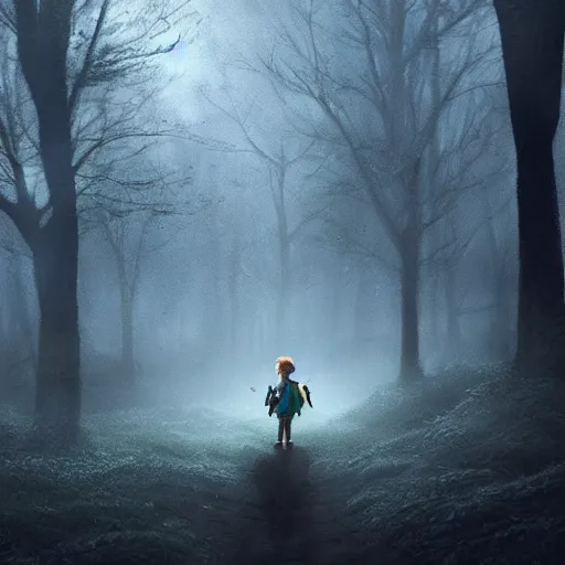 Image similar to Link from Legend of Zelda walks alone through the woods at night, gloomy, dark, foggy, night, ominous, dark color, atmospheric, cinematic lighting, intricate detail?